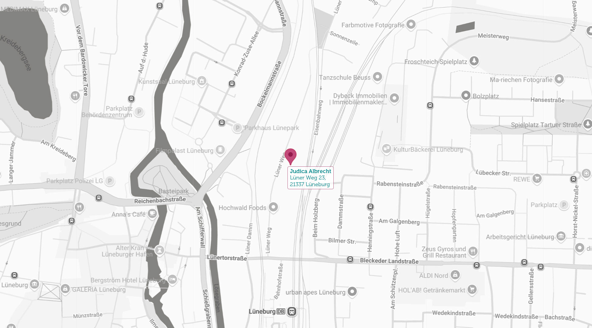 JA-map-luener_weg Graue Karte mit roter Markierung bei Judica Albrecht am Lüner Weg 23, 21337 Lüneburg